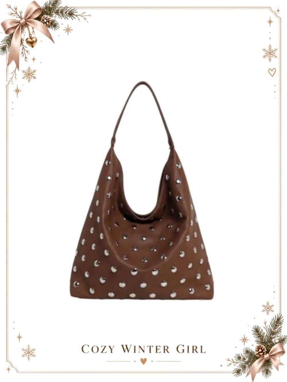 Studded Hobo Bag Soft Vegan Leather Slouchy Shoulder Tote Y2K Punk Rivet Handbag